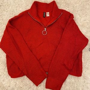 Cropped red quarter zip knit sweater